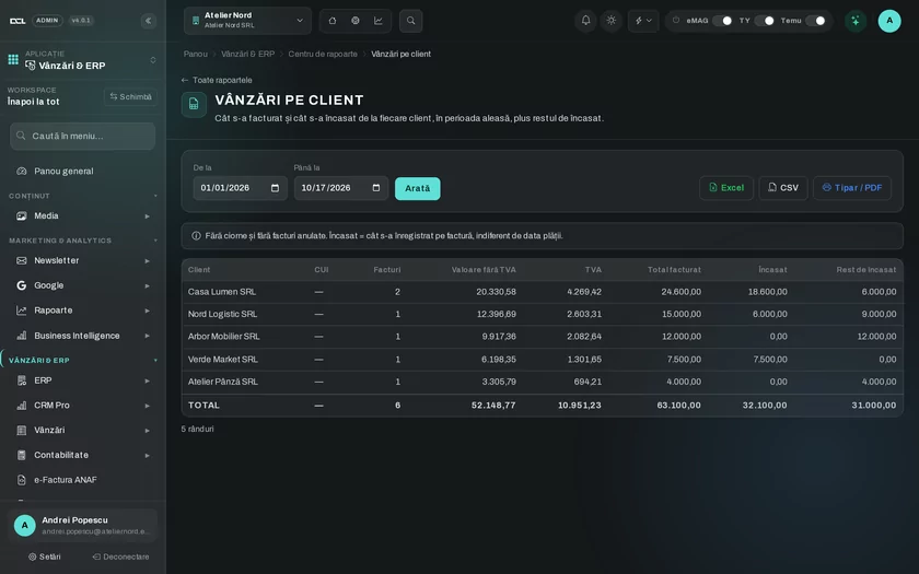 Screenshot from the DCL Business panel, Reports area, with demo data
