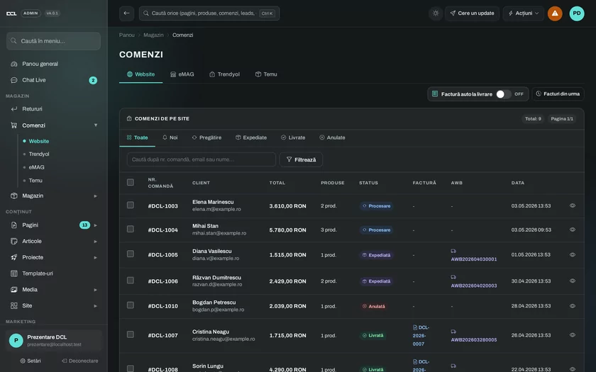 Screenshot aus dem DCL Site-Panel, Modul Bestellungen und Versand, mit Demodaten
