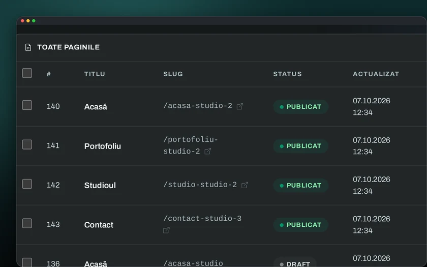 A website's page list in the DCL Site panel, with address, status and last update