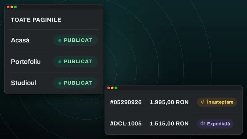 The DCL Site panel with published pages and an order, with demo data
