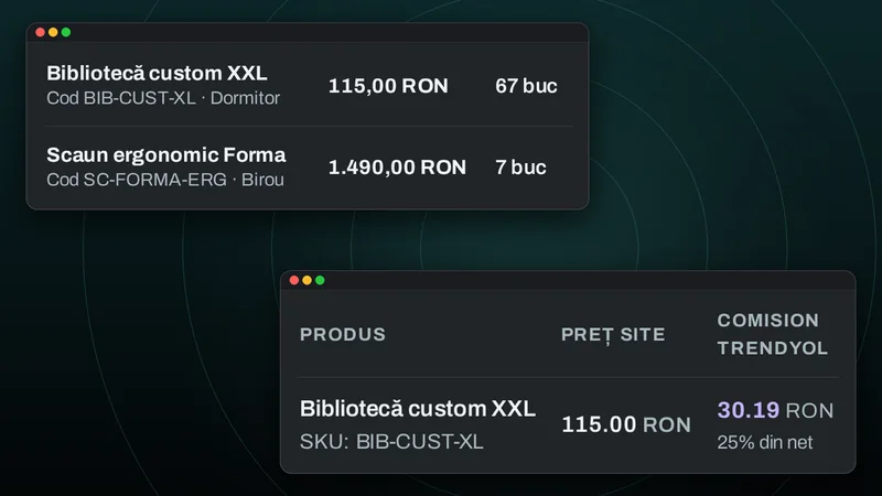 The DCL Site product catalogue, with price and stock, and the same product listed on a marketplace, with demo data