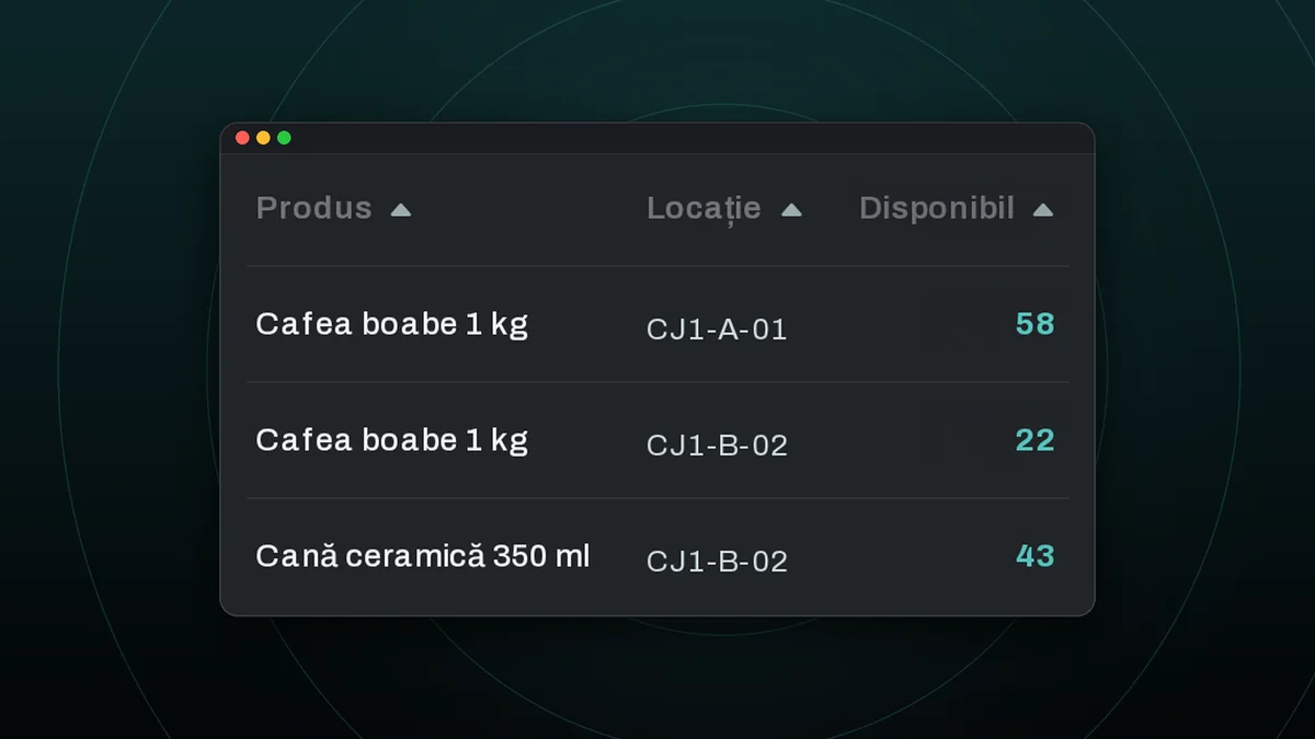 The stock by location window from DCL Business: the product, the location code and the available quantity, with demo data