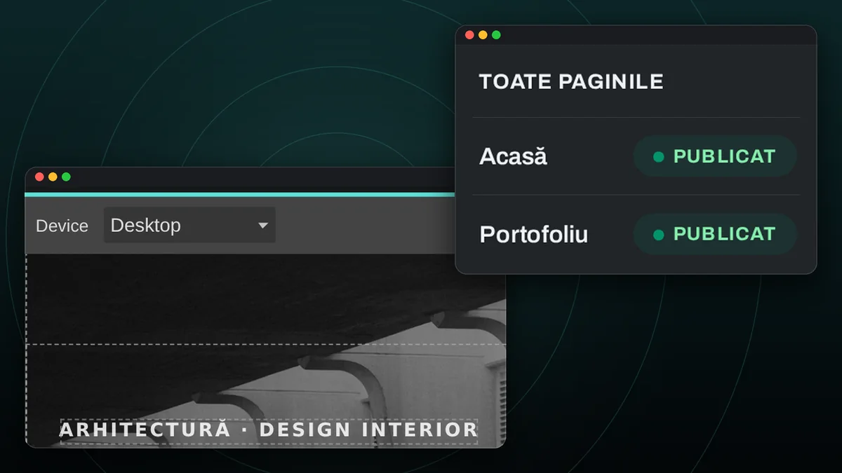 Der visuelle Editor von DCL Site mit dem Hauptabschnitt einer Seite und der Liste der veröffentlichten Seiten, mit Demodaten