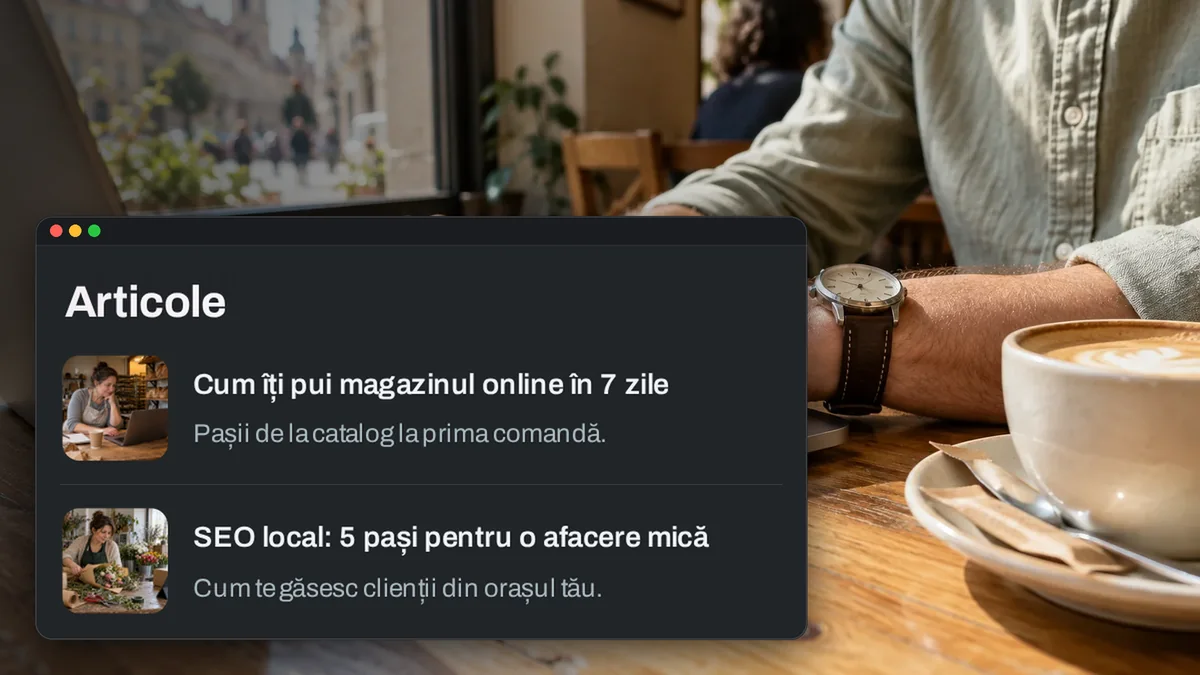 Hände, die in einem Café auf dem Laptop schreiben, neben der Artikelliste aus dem DCL Site-Blog, mit Demodaten