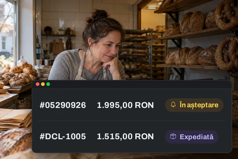 Inhaberin einer Bäckerei, neben dem DCL Site-Fenster mit zwei Bestellungen, ihrer Summe und ihrem Status, mit Demodaten